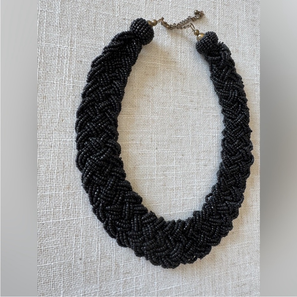 Black Beaded Statement Necklace Bib Collar Braided Adjustable Costume Chunky - Picture 4 of 8